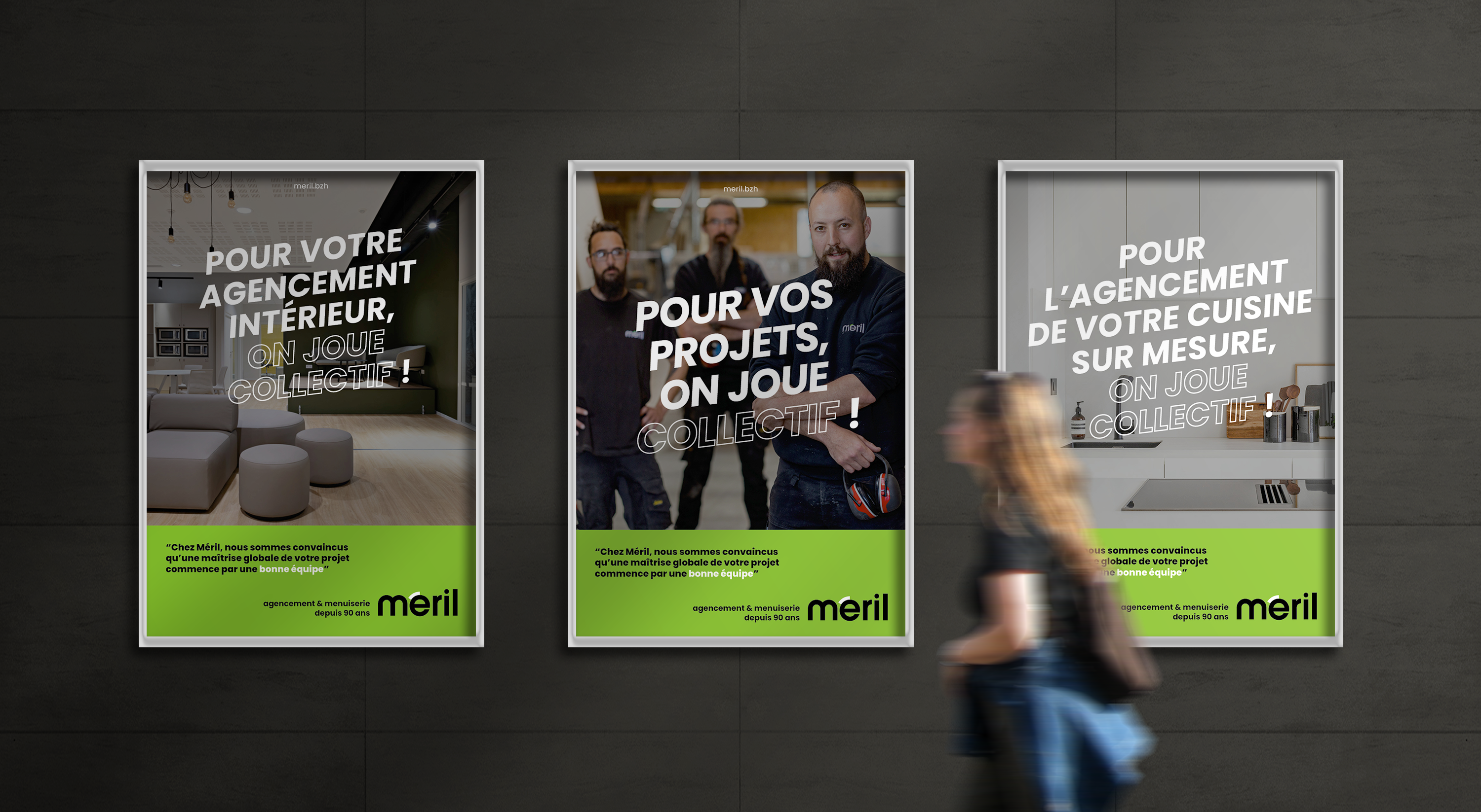 Affiches Méril mises en situation du concept de marque